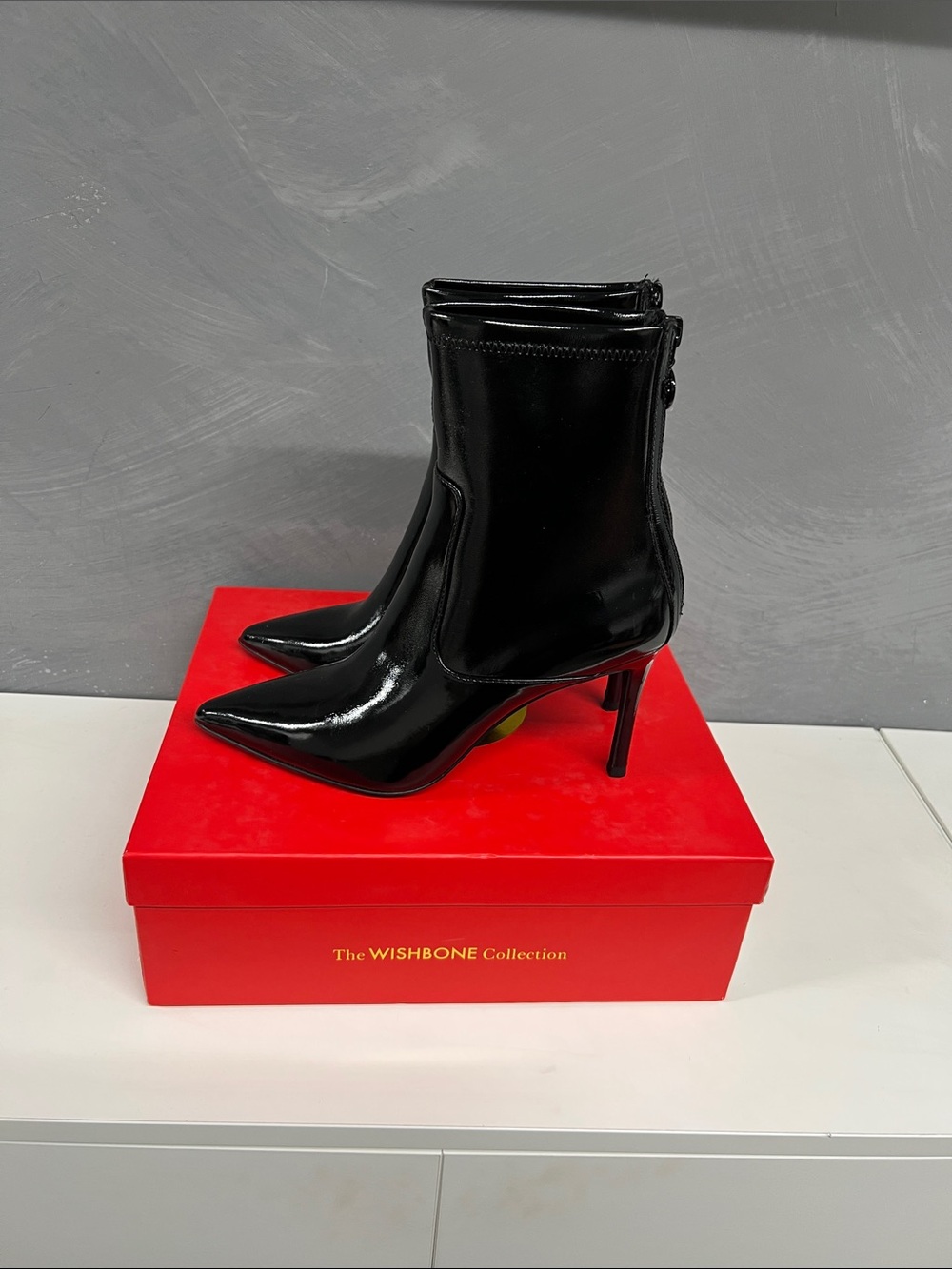 Wishbone Collection Black Patent Pointed Ankle Booties